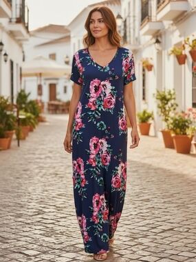 Grecerelle Navy Floral V-Neck Maxi Dress - Pink Rose Print